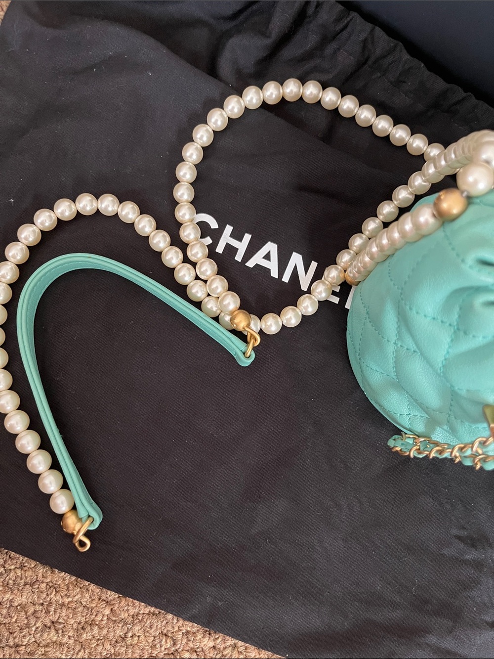 CHANEL Tiffany Blue Quilted Lambskin Mini Drawstring Bucket Bag with Pearl Chain - Picture 2 of 6